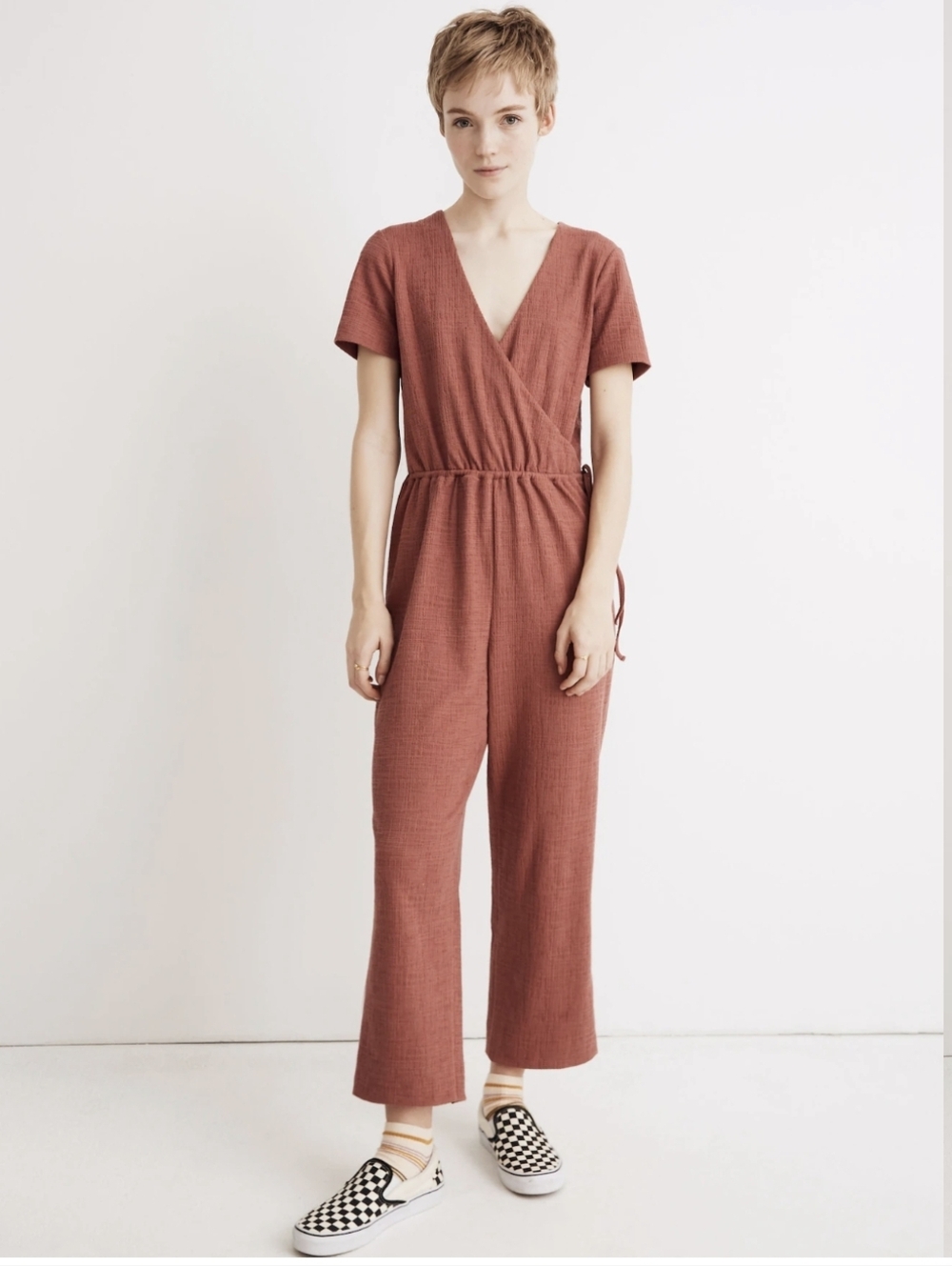 Madewell Texture & Thread Short-Sleeve Wrap Jumpsuit In Autumn Berry
